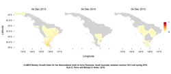 Climate suitability for the diamondback moth on the Eyre Peninsula,South Australia, from 2014 to 2016, predicted using a CLIMEX model