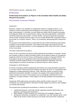 <b><i>Professional Associations as Players in the Australian Work Health and Safety Research Ecosystem:</i></b>Briefing Paper for the Safe Work Australia Research Summit - September 2025