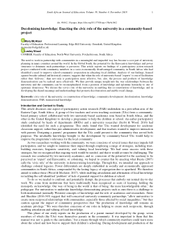 Decolonising knowledge: Enacting the civic role of the university in a community-based project