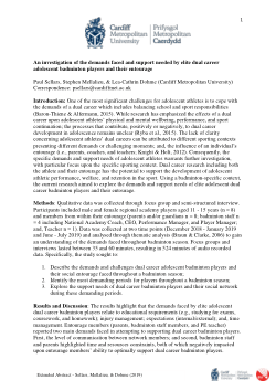 An investigation of the demands faced and support needed by elite dual career adolescent badminton players and their entourage - Report