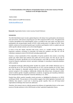 <b>A Critical Examination of the Influence of Organisation Factors on the Career Journey of Female Professors in the UK Higher Education</b>