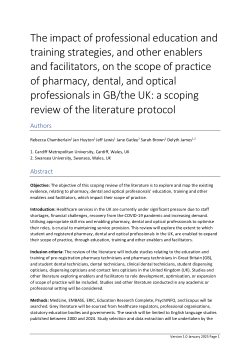 The impact of professional education and training strategies, and other enablers and facilitators, on the scope of practice of pharmacy, dental, and optical professionals in GB/the UK: a scoping review of the literature protocol