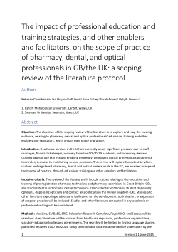 The impact of professional education and training strategies, and other enablers and facilitators, on the scope of practice of pharmacy, dental, and optical professionals in GB/the UK: a scoping review of the literature protocol