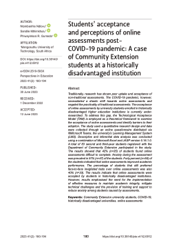 Students’ acceptance and perceptions of online assessments post-COVID-19 pandemic : a case of community extension students at a historically disadvantaged institution.
