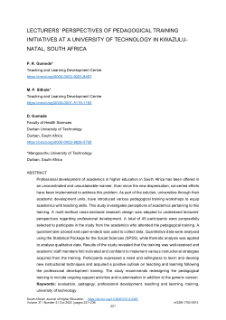 <sup>Lecturers' perspectives of pedagogical training initiates at a University of Technology in KwaZulu-Natal, South Africa.</sup>