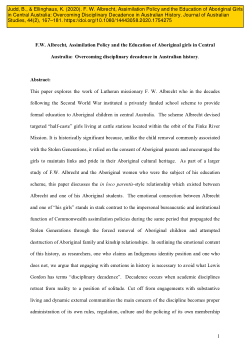 F. W. Albrecht, Assimilation Policy and the Education of Aboriginal Girls in Central Australia: Overcoming Disciplinary Decadence in Australian History