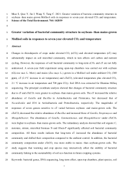 Greater variation of bacterial community structure in soybean- than maize-grown Mollisol soils in responses to seven-year elevated CO<sub>2</sub> and temperature