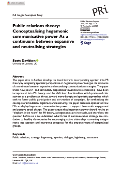 Public relations theory: Conceptualising hegemonic communicative power As a continuum between expansive and neutralising strategies