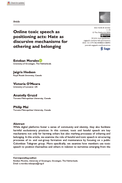 Online toxic speech as positioning acts: Hate as discursive mechanisms for othering and belonging