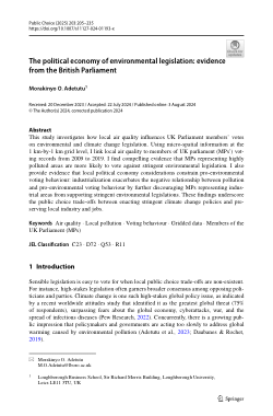 The political economy of environmental legislation: Evidence from the British Parliament