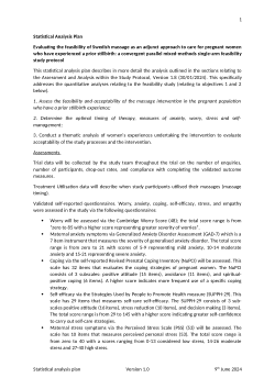 <b>Evaluating the feasibility of Swedish massage as an adjunct approach to care for pregnant women who have experienced a prior stillbirth: a convergent parallel mixed-methods single-arm feasibility study protocol</b> <b>- Statistical Analysis Plan</b>