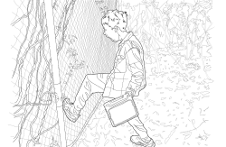 <b>A digital illustration, created from Rowdy’s photograph, of Wiley kicking The Pines’ sale sign</b>