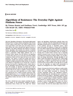 Algorithms of Resistance: The Everyday Fight Against Platform Power By TizianoBonini and EmilianoTreré, Cambridge: MIT Press, 2024. 257 pp. US$ 30/£29 UK. ISBN: 9780262377485