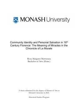 Community Identity and Personal Salvation in 16th Century Florence: The Meaning of Miracles in the Chronicle of Le Murate