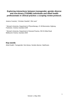 Exploring interactions between transgender, gender-diverse and non-binary (TGDNB) individuals and allied health professionals in clinical practice: a scoping review protocol.