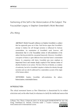 Fashioning of the Self in the Historicisation of the Subject: The Foucauldian Legacy in Stephen Greenblatt’s Work Revisited