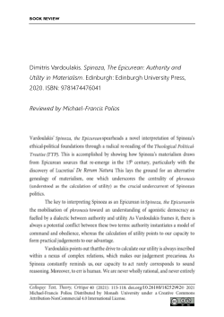 Dimitris Vardoulakis. Spinoza, The Epicurean: Authority and Utility in Materialism. Edinburgh: Edinburgh University Press, 2020. ISBN: 9781474476041