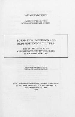 Formation, diffusion and redefinition of culture: The establishment of Christian community colleges in Victoria 1974 - 1982