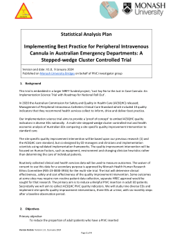 Statistical Analysis Plan: Implementing Best Practice for Peripheral Intravenous Cannula in Australian Emergency Departments: A Stepped-wedge Cluster Controlled Trial