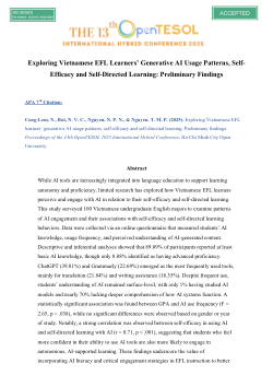 <b>Exploring Vietnamese EFL learners’ generative AI usage patterns, self-efficacy and self-directed learning: Preliminary findings</b>