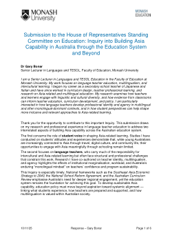 Submission to the Inquiry into Building Asia Capability Through the Education System in Australia and Beyond - Br Dr Gary Bonar (Monash University)