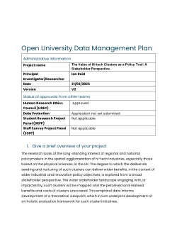 DMP for PhD research project -  'The Value of Hi-Tech Clusters as a Policy Tool: A Stakeholder Perspective'