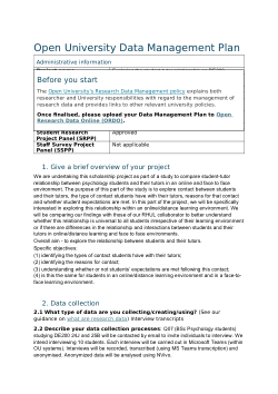 Data Management Plan for project "Exploring the student-tutor relationship on DE200"