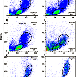 Flow cytometry light scattering (forward scatter, FSC, size vs. side ...