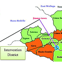 Map of Jimma Zone in Oromia region of Ethiopia showing the intervention