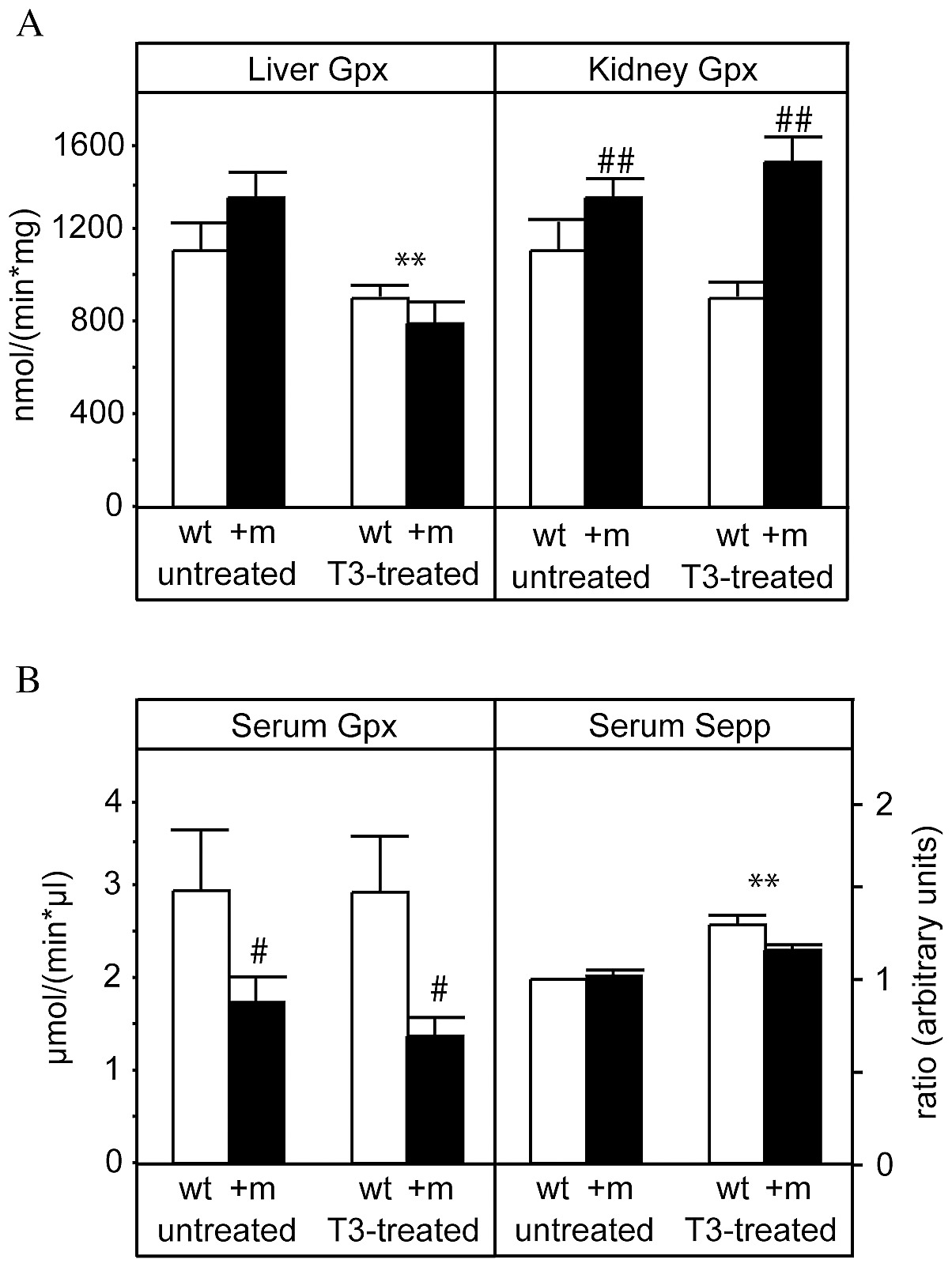 Item - Hepatic, renal and serum glutathione-peroxidase activity and serum Sepp concentrations in wild-type and TRα1+m mice with or without T3 treatment. - Public Library of Science