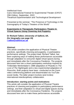 Human Idiot Puppet (HIP): Presentation text, Experiments in Therapeutic Participatory Theatre in Virtual Spaces Using Clowning and Puppetry September, 2022