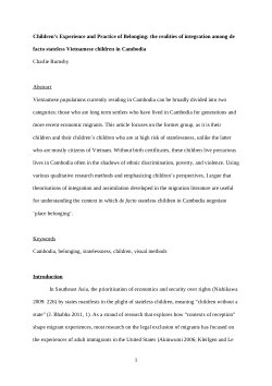 Children's Experience and Practice of Belonging: The Realities of Integration among De Facto Stateless Vietnamese Children in Cambodia