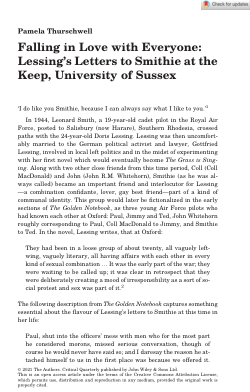 Falling in Love with Everyone: Lessing’s Letters to Smithie at the Keep, University of Sussex