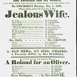19th century Yorkshire playbill for a performance of 'A Jealous Wife' and 'A Roland for an Oliver', May 1st, 1828 at York Theatre Royal