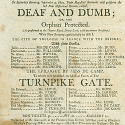 19<sup>th</sup> century Yorkshire playbill for a performance of 'Deaf and Dumb, or, The Orphan Protected' and 'Turnpike Gate' at Wakefield Theatre, September 5th 1801