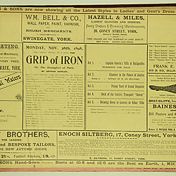 19<sup>th</sup> century Yorkshire playbill for a performance of Grip of Iron by Arthur Shirley, in York on Monday November 28th 1898