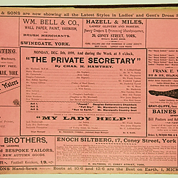 19<sup>th</sup> century Yorkshire playbill for a performance of The Private Secretary by Chas H. Hawtrey, and My Lady Help by Arthur Macklin, in York on Monday December 5th, 1898