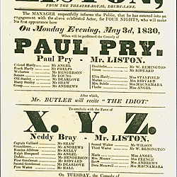 19<sup>th</sup> century Yorkshire playbill for a performance of 'Paul Pry' and 'X,Y,Z', featuring the actor Mr Liston, on May 3rd 1830, performed at York Theatre Royal.