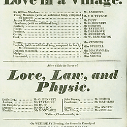 19<sup>th</sup> century Yorkshire playbill for a performance of 'Love in a Village' and 'Love, Law and Physic', 1828, performed at York Theatre Royal