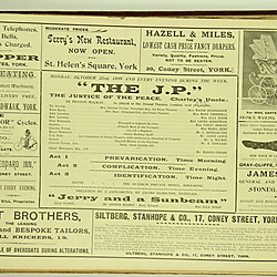19th century Yorkshire playbill for performances of "The J.P. (The Justice of the Peace)" and "Jerry and a Sunbeam" in York, October 1899