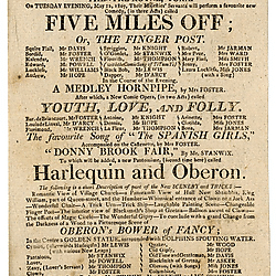 19th century Yorkshire playbill for performances of "Five Miles Off; Or, The Finger Post", "Youth, Love, and Folly" and "Harlequin and Oberon" in York on 12th May 1807