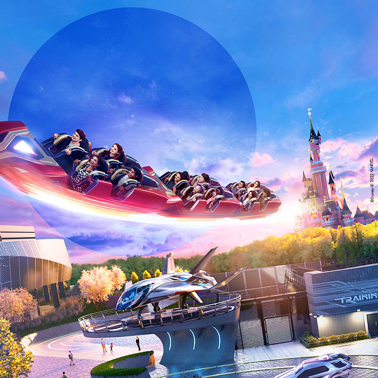 Photograph: poster of disney new park Avengers campus Iron man flying through air