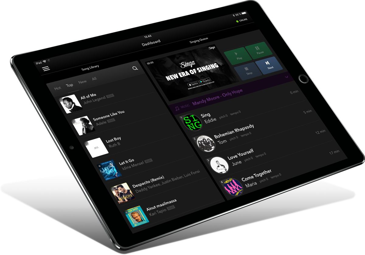 Singa interface being displayed on an iPad. 