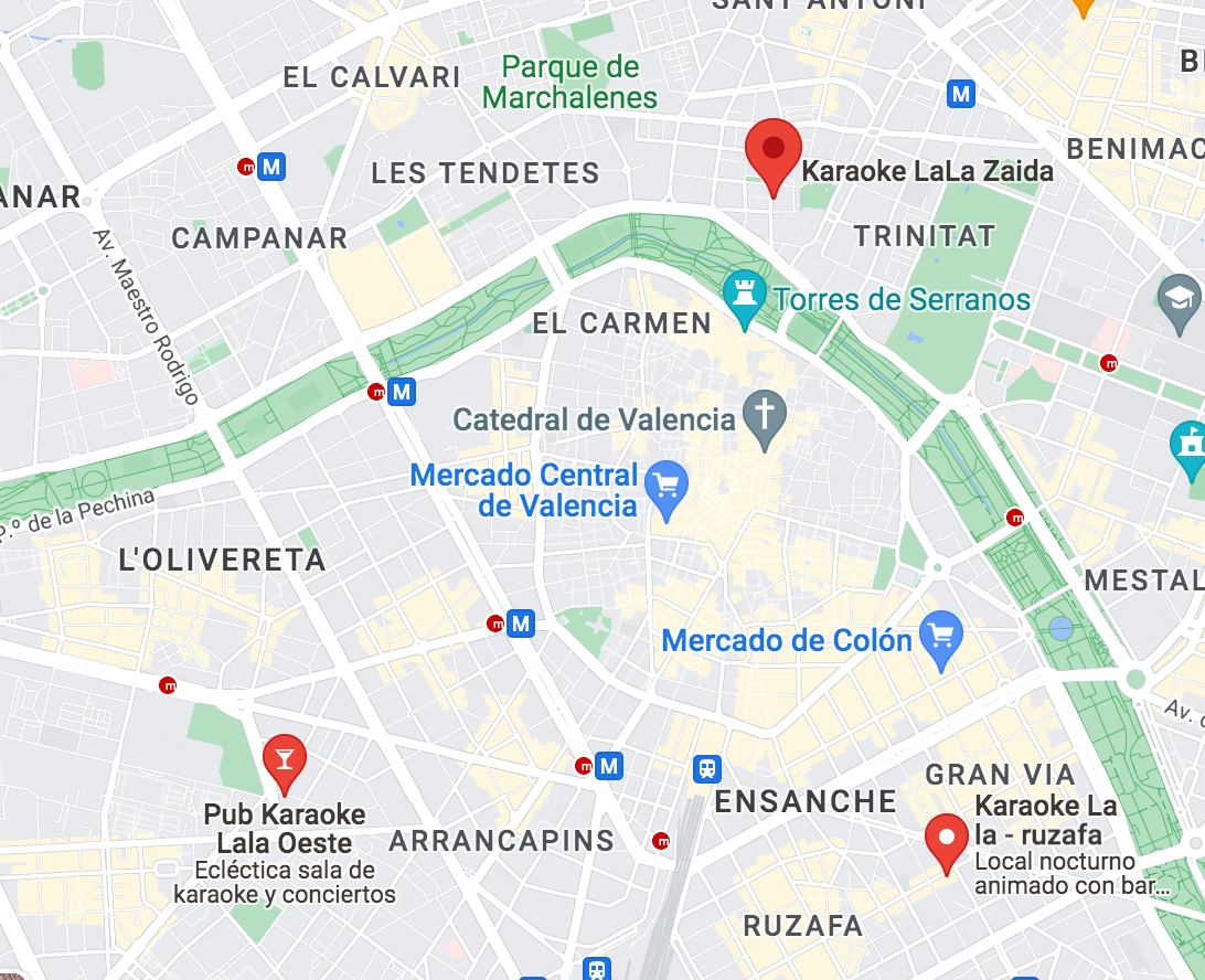 Captura de pantalla de Google Maps donde se encuentran los tres locales de LALA Karaoke.