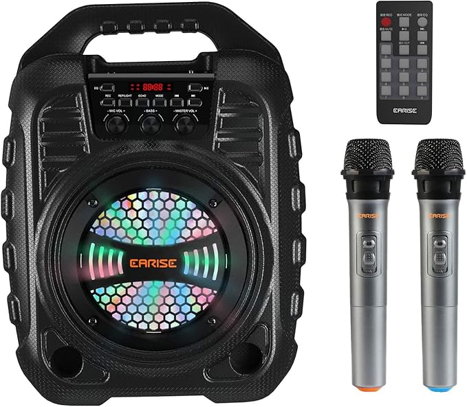 EARISE T26 PRO Karaoke Machine for Adults, Bluetooth PA Speaker System with 2 Wireless Microphones with LED Lights, FM Radio, Audio Recording, Remote Control, Supports TF Card/USB/AUX