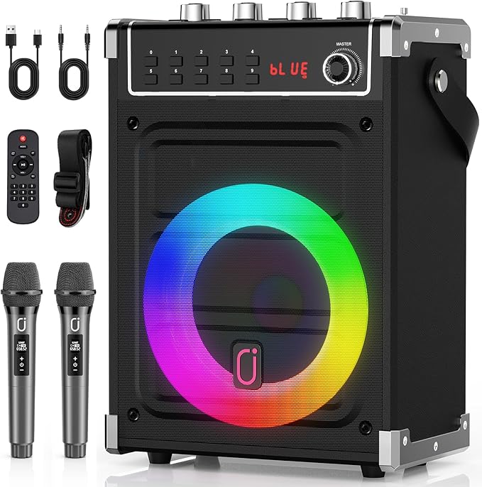 JYX Karaoke Machine with 2 Wireless Microphones, Portable Bass/Treble Bluetooth Speaker with LED Light, Support TWS, AUX in, FM, REC PA System with Remote Control, Supply for Party/Adults/Kids