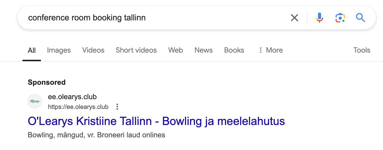 Search ad used by O'Leary's Kristiine