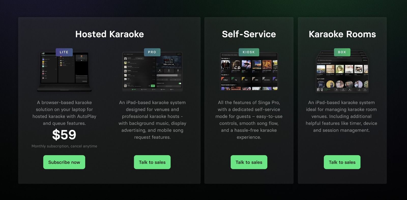 Das Singa-Angebot für moderiertes Karaoke, Selbsbedienungskaraoke und Karaoke-Räume wird nochmal bildlich dargestellt. 