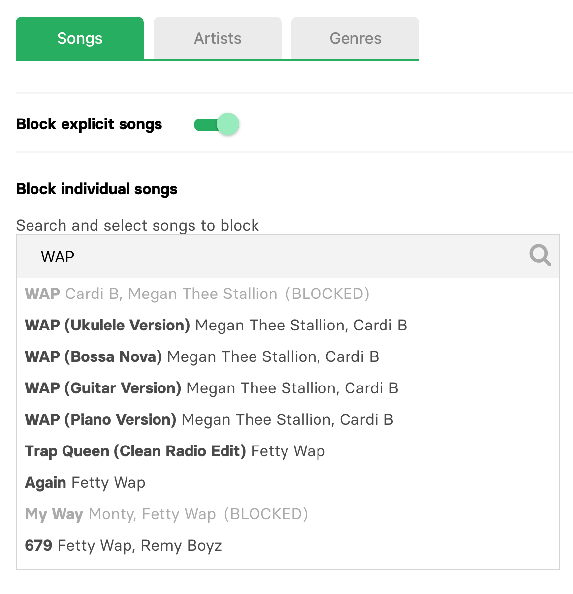 Song filtering and blocking on Singa.