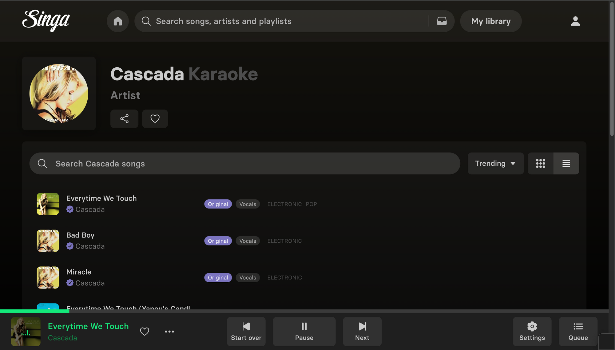 Artist page with top karaoke songs for Cascada on Singa.com
